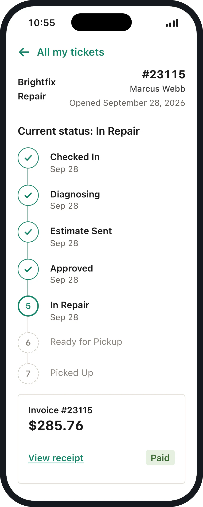 Phone status page showing In Repair, completed steps, upcoming pickup stages and a paid invoice