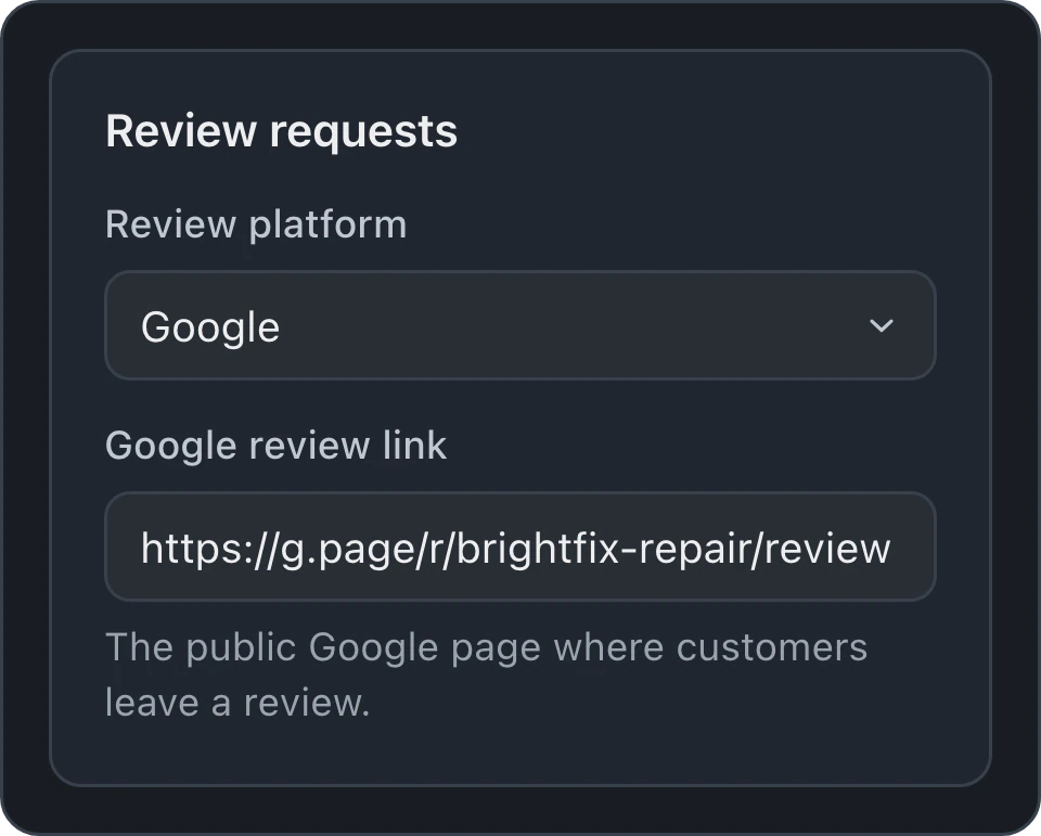 Review request settings show Google selected and the shop's Google review link.