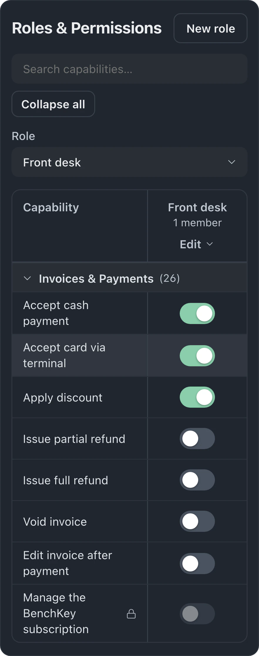 Invoice and payment permissions with controls for refunds, voids and editing invoices after payment.