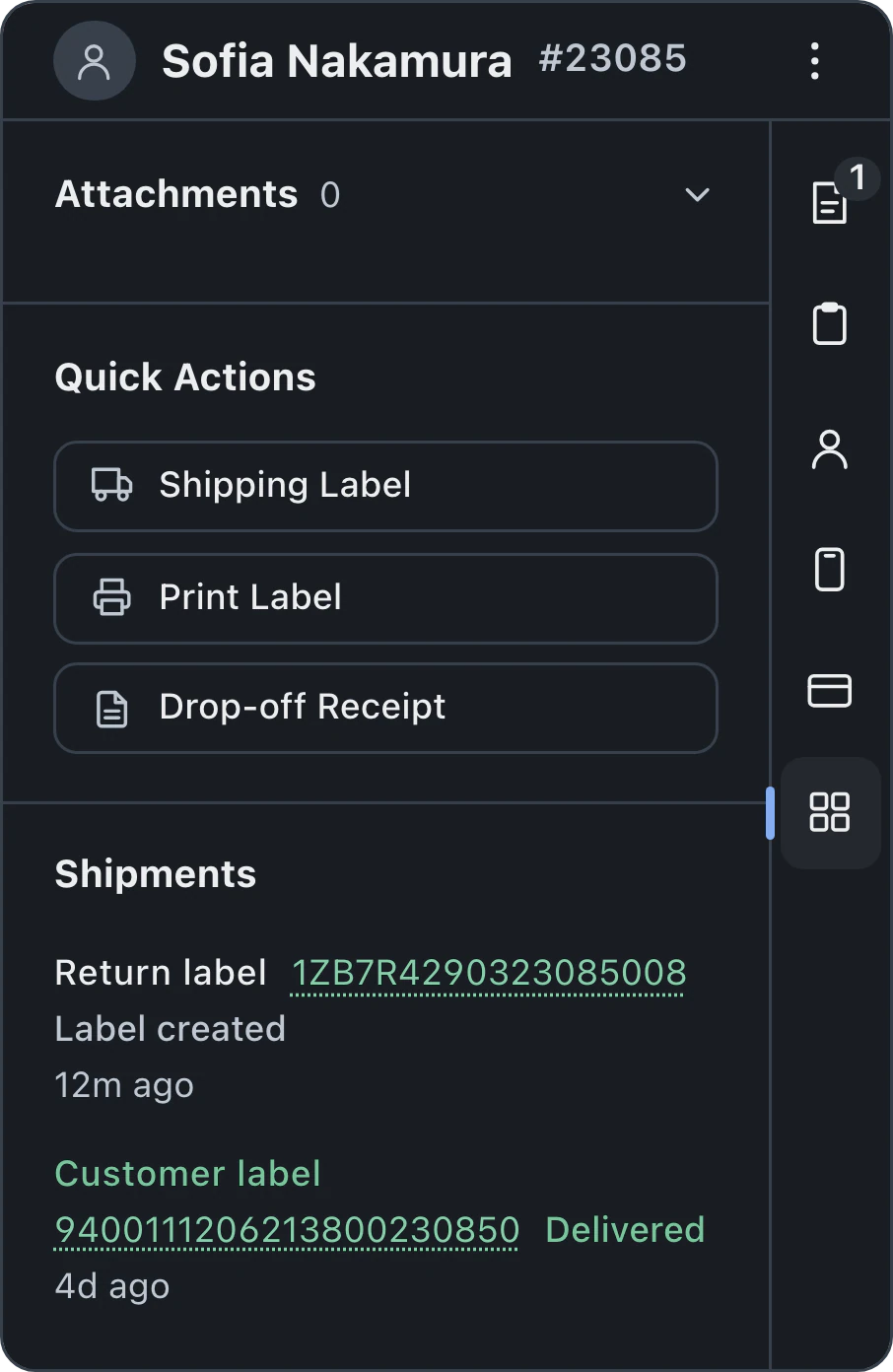 Ticket shipments showing an inbound customer label marked delivered and a return label created.