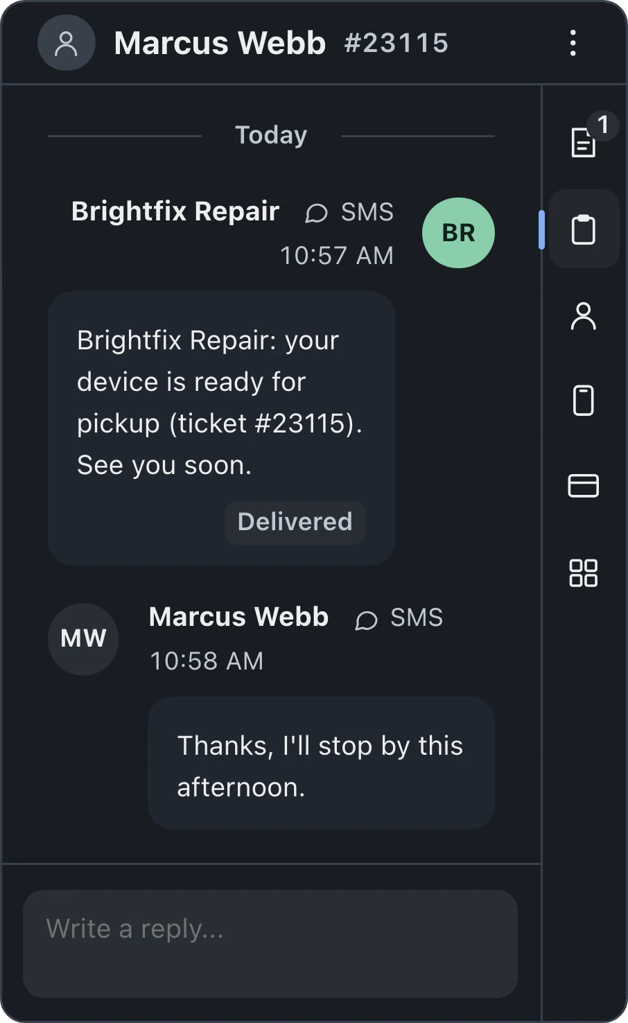 The ticket conversation shows the pickup text, the customer's reply and a reply composer beside the panel rail.