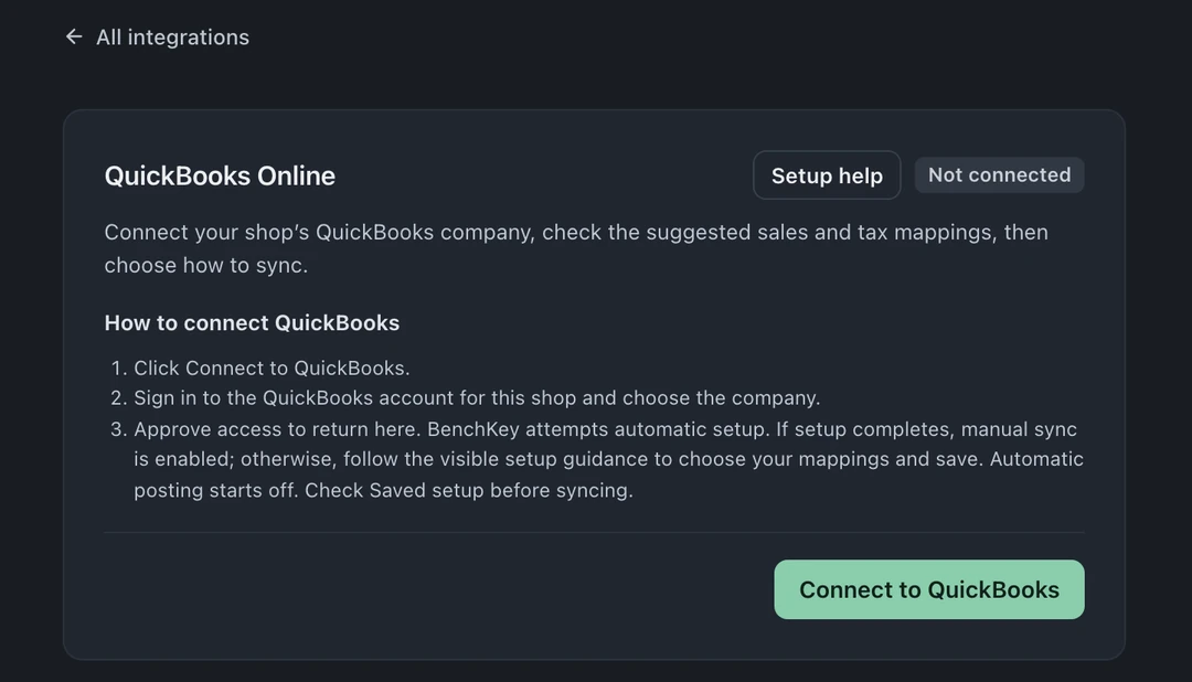 QuickBooks Online settings showing Not connected, connection instructions, and Connect to QuickBooks