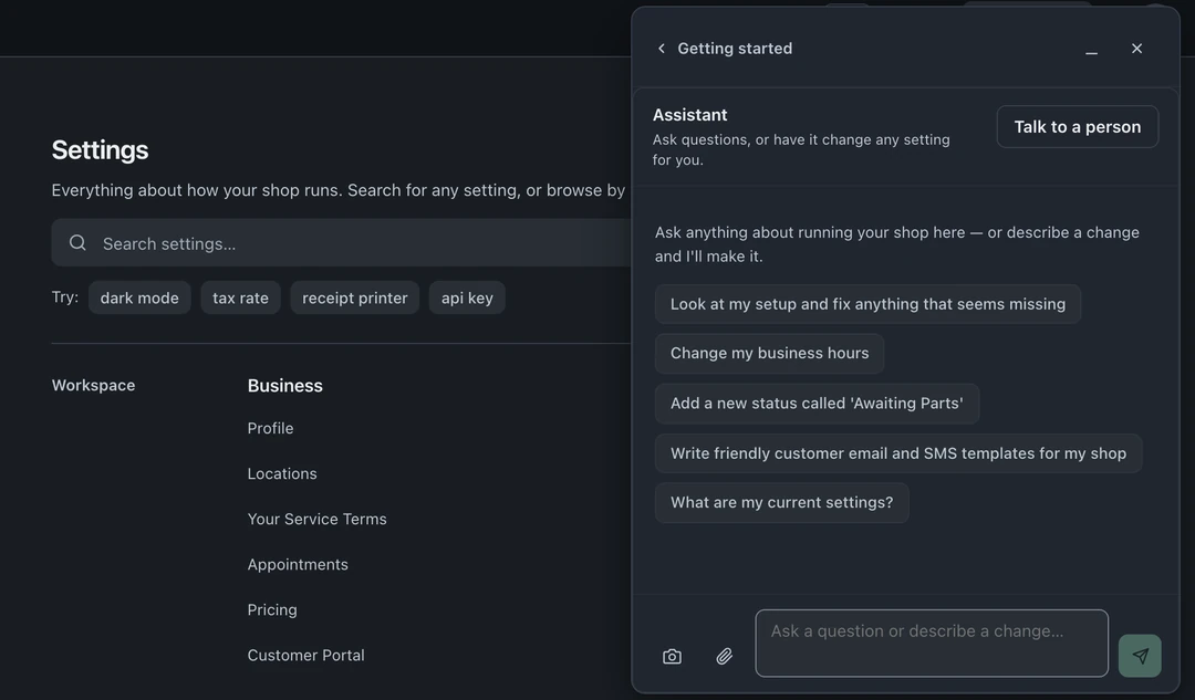 Settings with the Assistant docked on the right, suggested requests, Talk to a person, and a message box