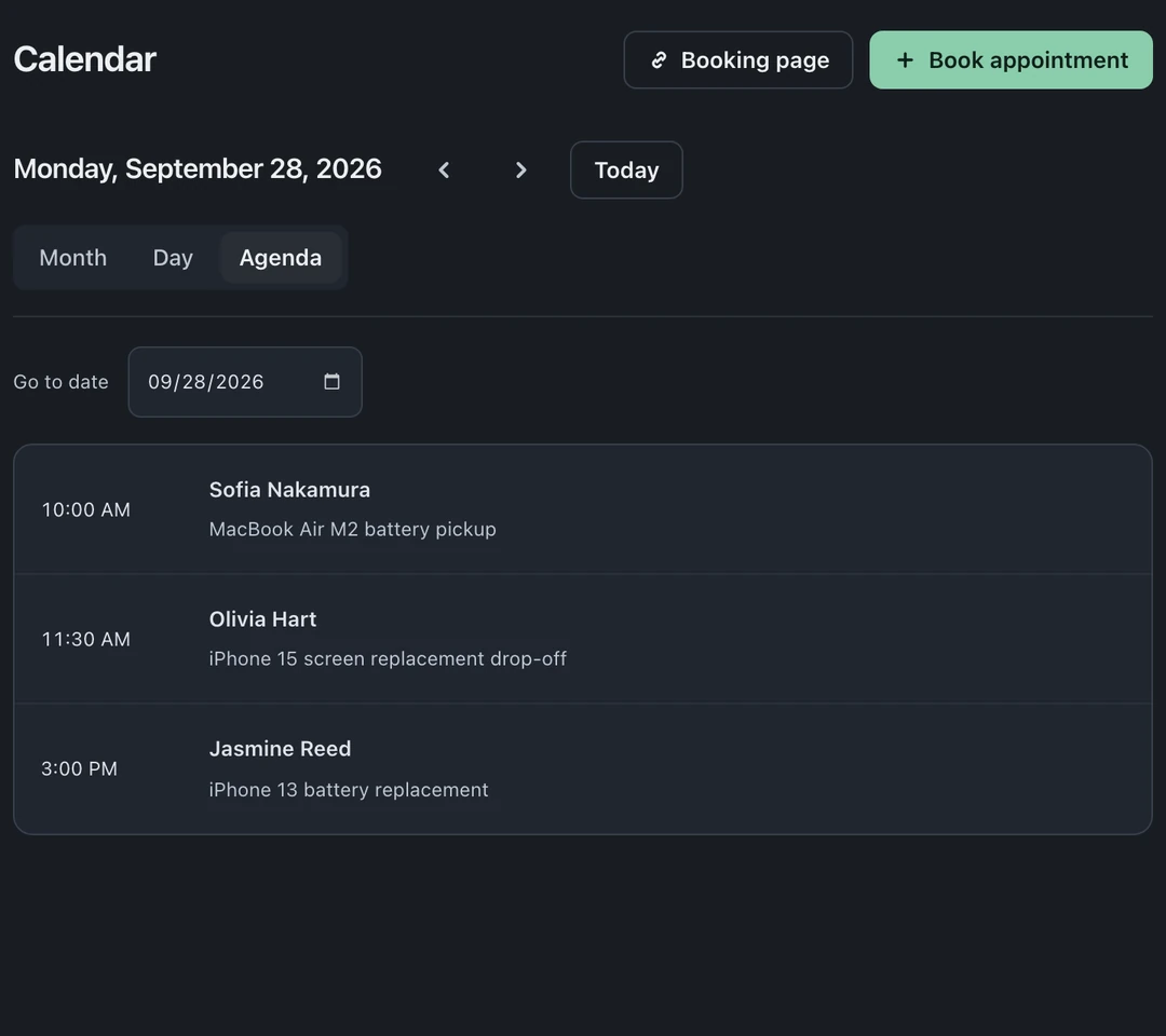Calendar Agenda with appointment times and customer details, plus Booking page and Book appointment controls