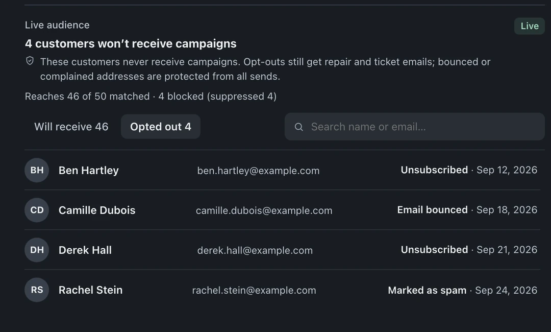 Campaign Live audience on the Opted out tab, with Unsubscribed, Email bounced, and Marked as spam reasons