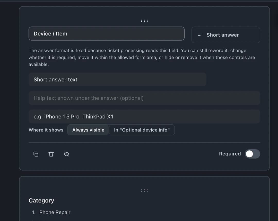 Check-in form builder with the Device / Item question open: its answer type is fixed; you can edit its wording, example answer, Where it shows (Always visible or In "Optional device info") and the Required switch