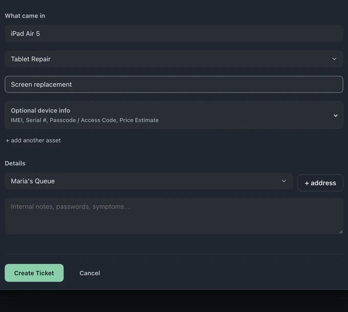 Check in form with a returning customer, an iPad Air 5 screen replacement, a selected queue, internal notes, and Create Ticket