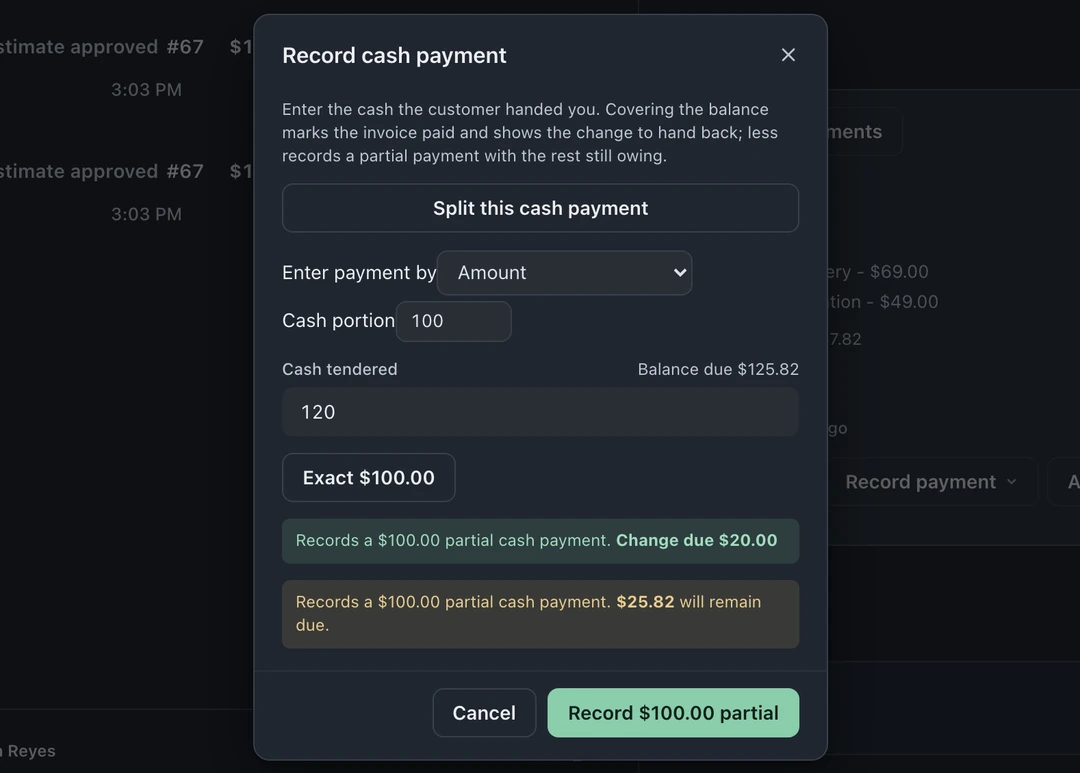 Record cash payment with Split this cash payment selected, cash portion and tendered amounts, change due, and the balance that will remain