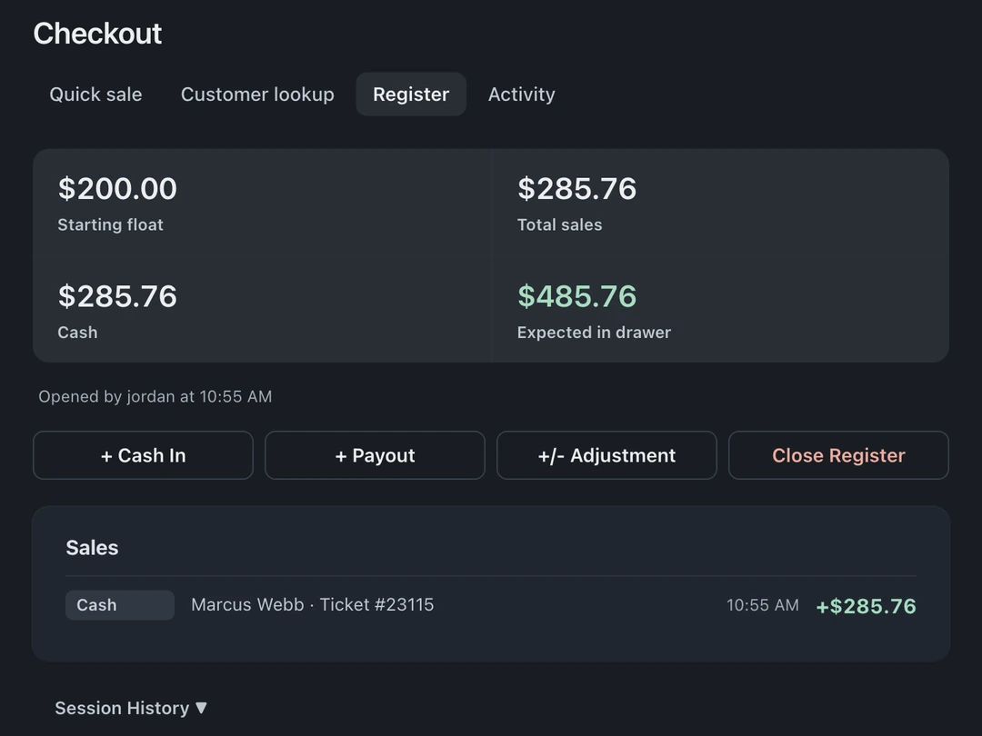 Open register with starting float, cash sales, expected drawer balance, and register events