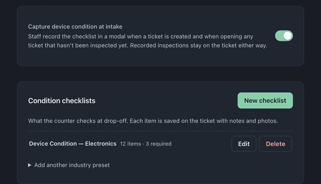 Condition Checklists settings with intake capture enabled, an electronics checklist, and controls to edit or add checklists