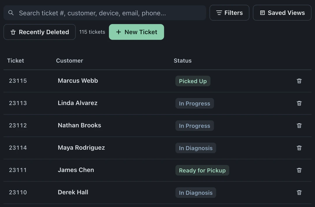 All tickets list with New Ticket, Filters, Saved Views, and repair rows with statuses