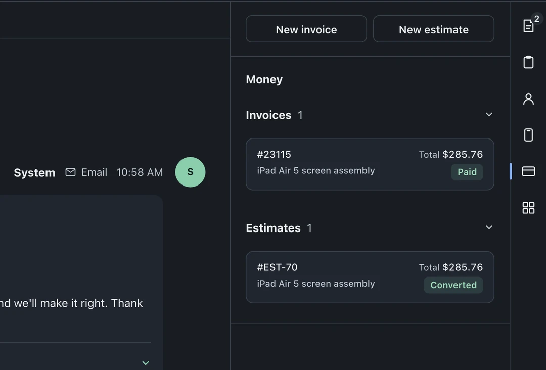 Money panel with New invoice, New estimate, a paid invoice, and a converted estimate