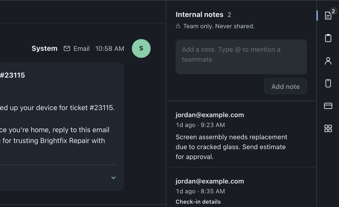 Internal notes beside the Ticket panel, with intake and diagnosis notes, the note box, and Add note