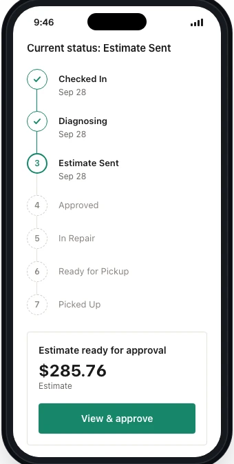 Customer portal on a phone with the repair timeline and an estimate ready for approval