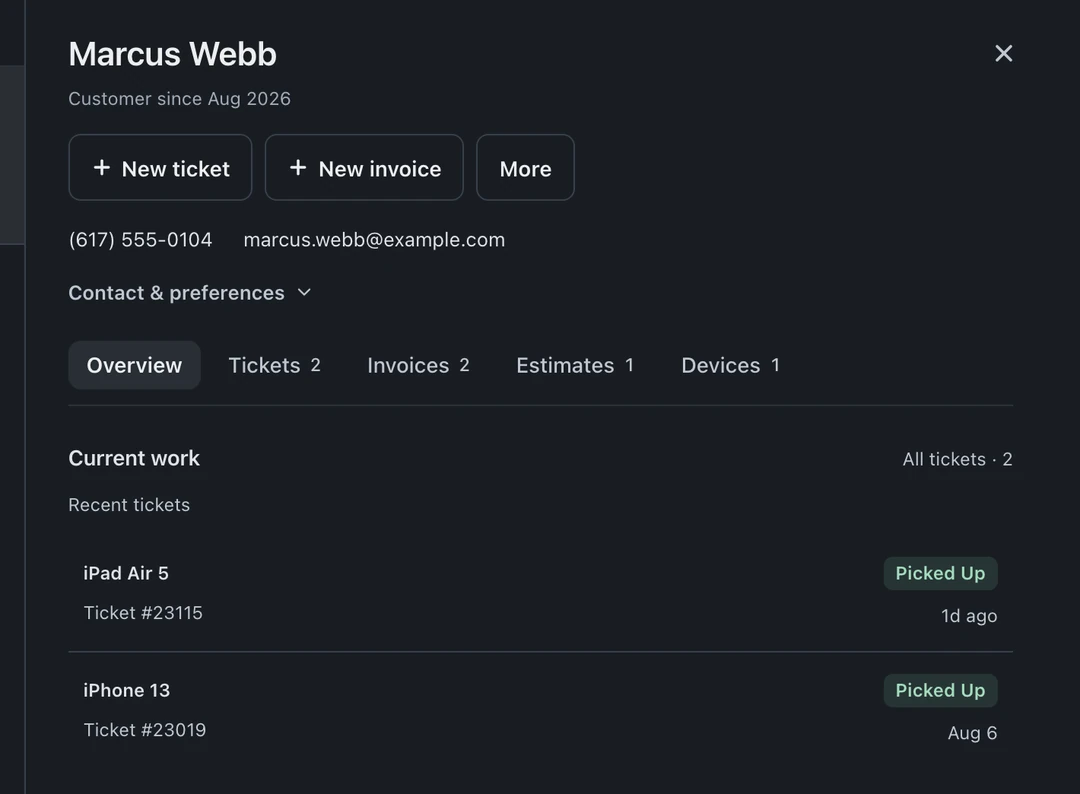 Customer profile with contact preferences, recent repair tickets, and tabs for Overview, Tickets, Invoices, Estimates, and Devices