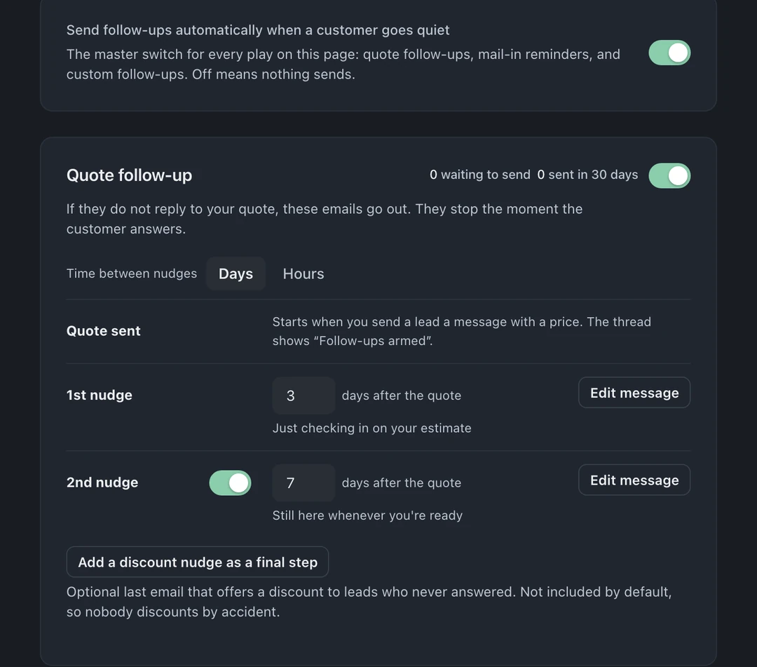 Follow-ups settings with the automatic sending switch enabled, Quote follow-up timing, Edit message controls, and an optional discount nudge