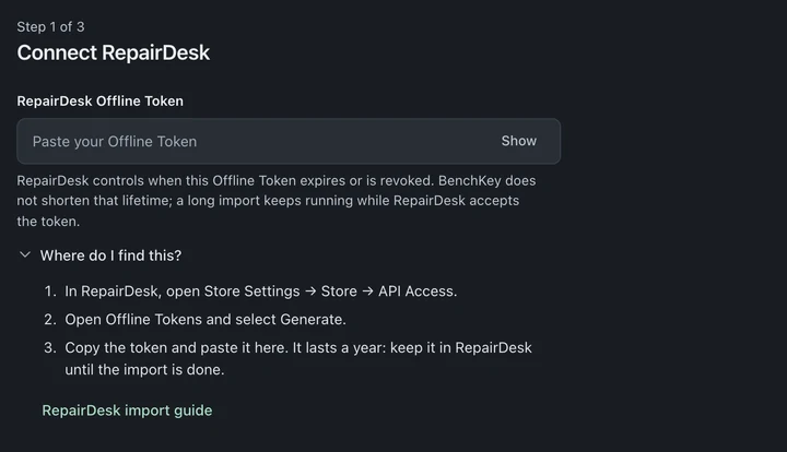 Connect RepairDesk shows an empty Offline Token field, a note about the token’s lifetime and expanded instructions for finding a token.