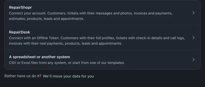 RepairShopr, RepairDesk and A spreadsheet or another system appear with descriptions and an offer to have BenchKey move your data.