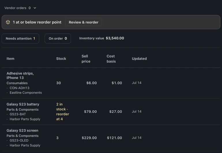Inventory Stock with a low-stock warning, Review & reorder, stock summary, and a Galaxy S23 battery below its reorder point
