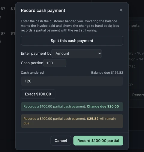 Record cash payment dialog in split mode, showing the cash portion, cash tendered, change due, and the balance that will remain.