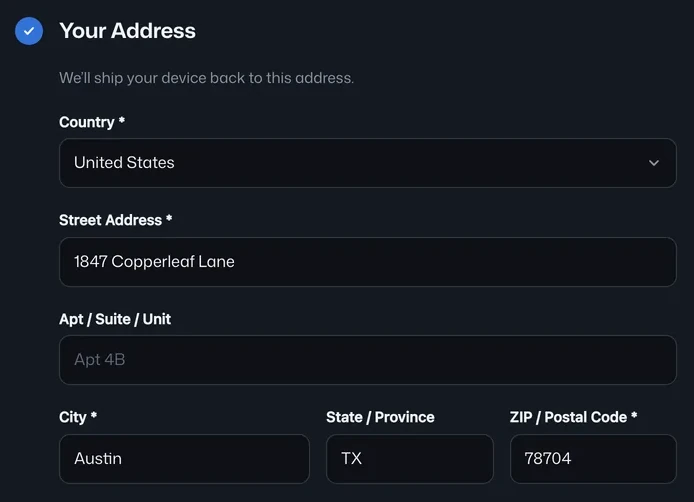 Mail-in form’s return-address fields filled with an Austin address
