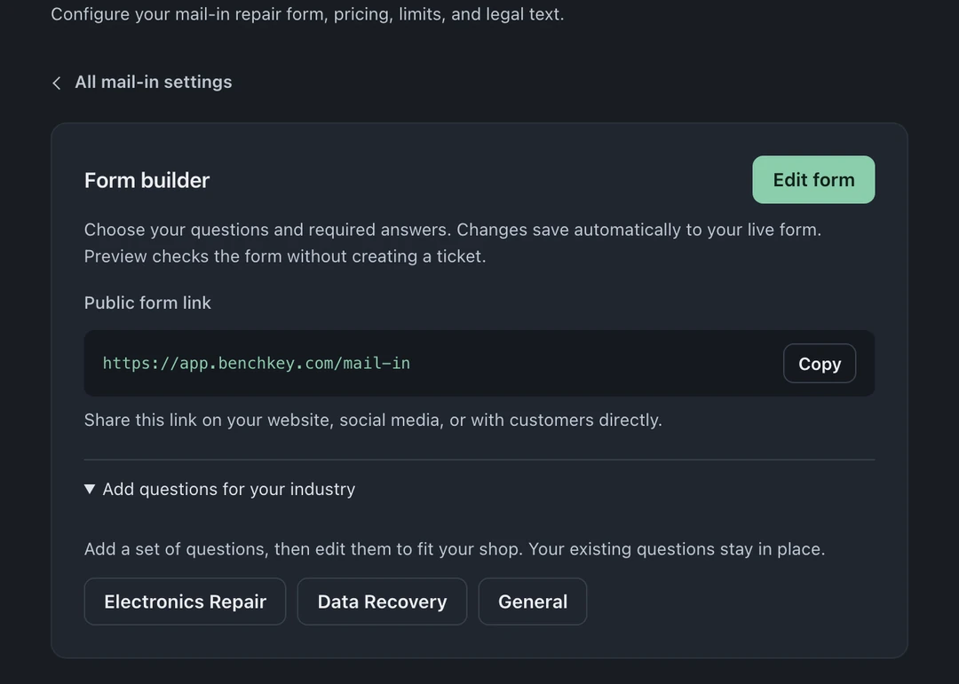 Mail-In Form Builder settings with Edit form, a public form link, Copy, and industry question presets