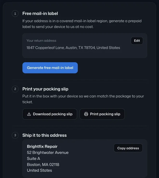 Mail-in instructions with a return address, label generation, packing slip controls, and the shop’s shipping address