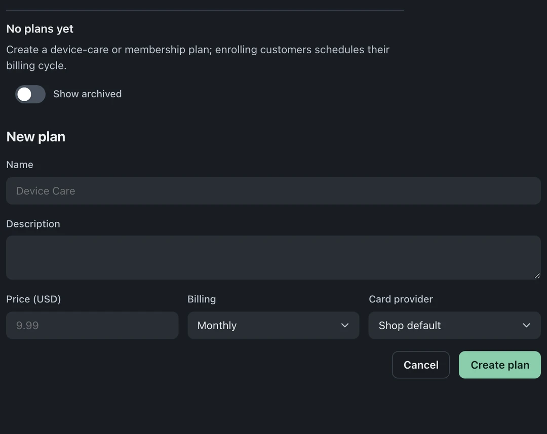 Memberships with no plans yet and the New plan form showing name, description, price, monthly billing, and card provider