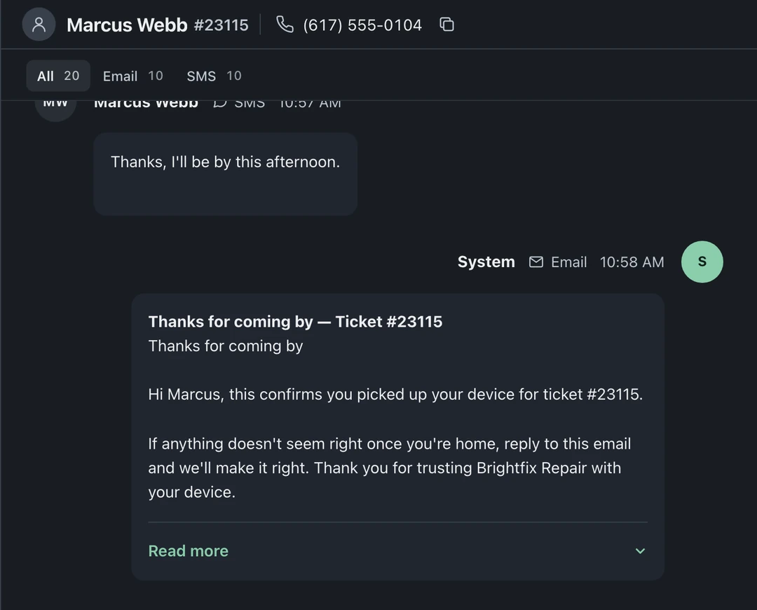 Ticket conversation on the All tab showing a customer SMS reply and a system email