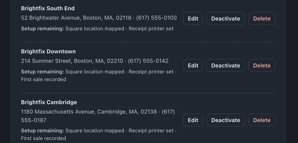 Store locations with addresses, phone numbers, and remaining setup tasks