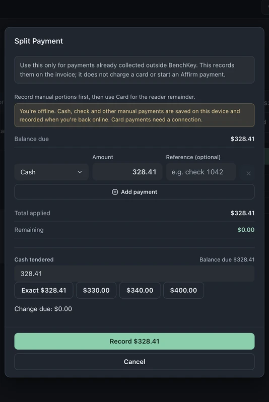 Checkout Split Payment dialog with an offline notice, Cash selected, Cash tendered, and the amount to record