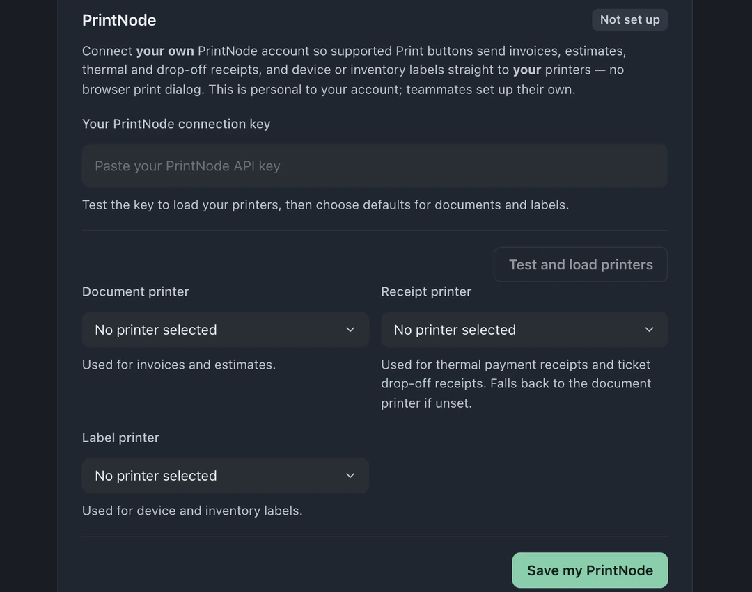 Tarjeta de PrintNode sin configurar, con campo de clave de conexión, prueba, selección de impresoras y botón para guardar