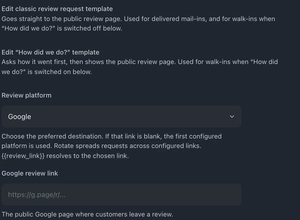 Review request settings with both template links, Google selected as the platform, and the Google review link filled in.
