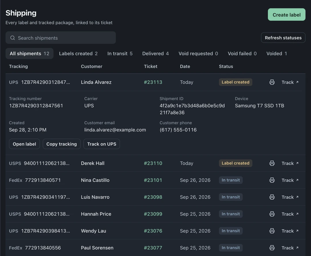 Shipping list with stage counts and an expanded shipment showing tracking details, customer contact fields, and label controls