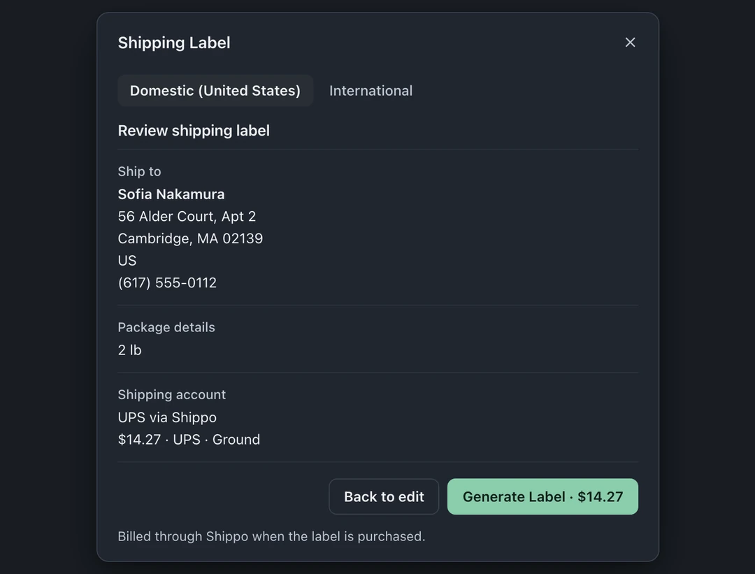 Review shipping label with the recipient address, package weight, UPS Ground rate through Shippo, Back to edit, and Generate Label