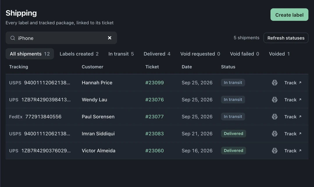 Shipping search for iPhone with matching shipments marked In transit or Delivered