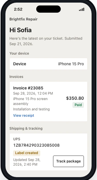 Customer portal with a paid invoice, shipping status, tracking number, and Track package button