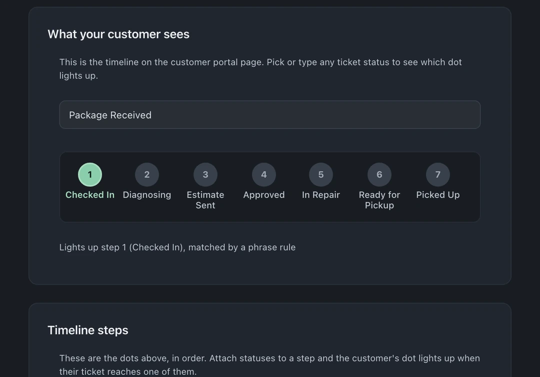 Walk-in portal timeline preview with ticket statuses mapped to customer-facing steps