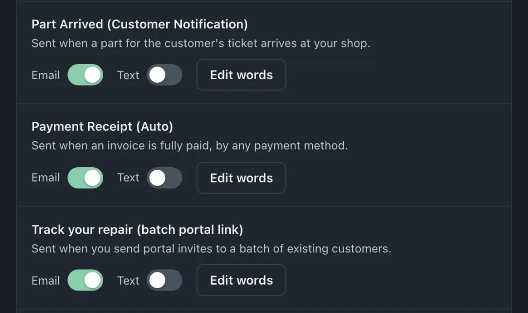 The Payment Receipt (Auto) row in Messages on other events has Email on, Text off, and an Edit words button.