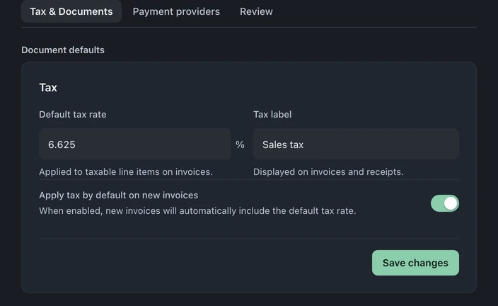 Tax settings with the default rate, tax label, and Apply tax by default on new invoices option