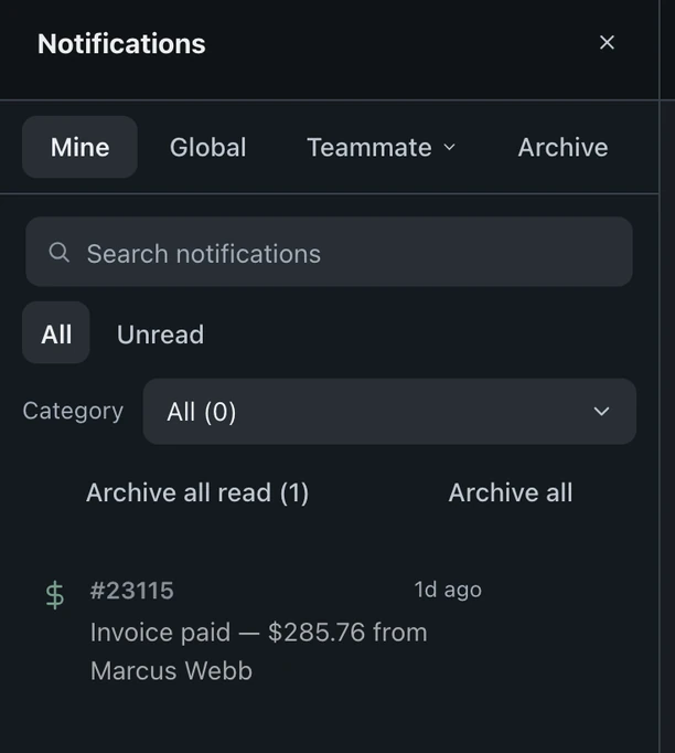 Notifications pane with Mine selected, unread and category filters, archive controls, and an invoice payment notification