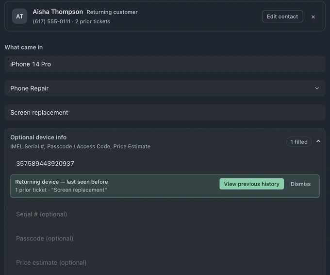 Check-in form for an iPhone 14 Pro with a returning-device notice and View previous history