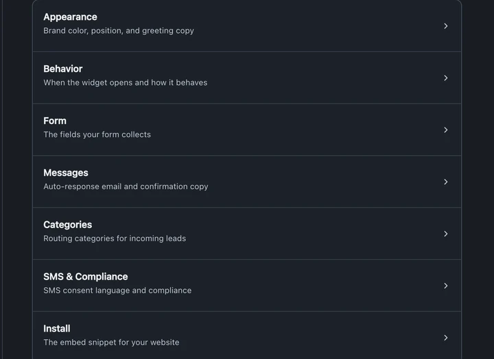 Lead widget settings with seven sections: Appearance, Behavior, Form, Messages, Categories, SMS & Compliance, and Install.