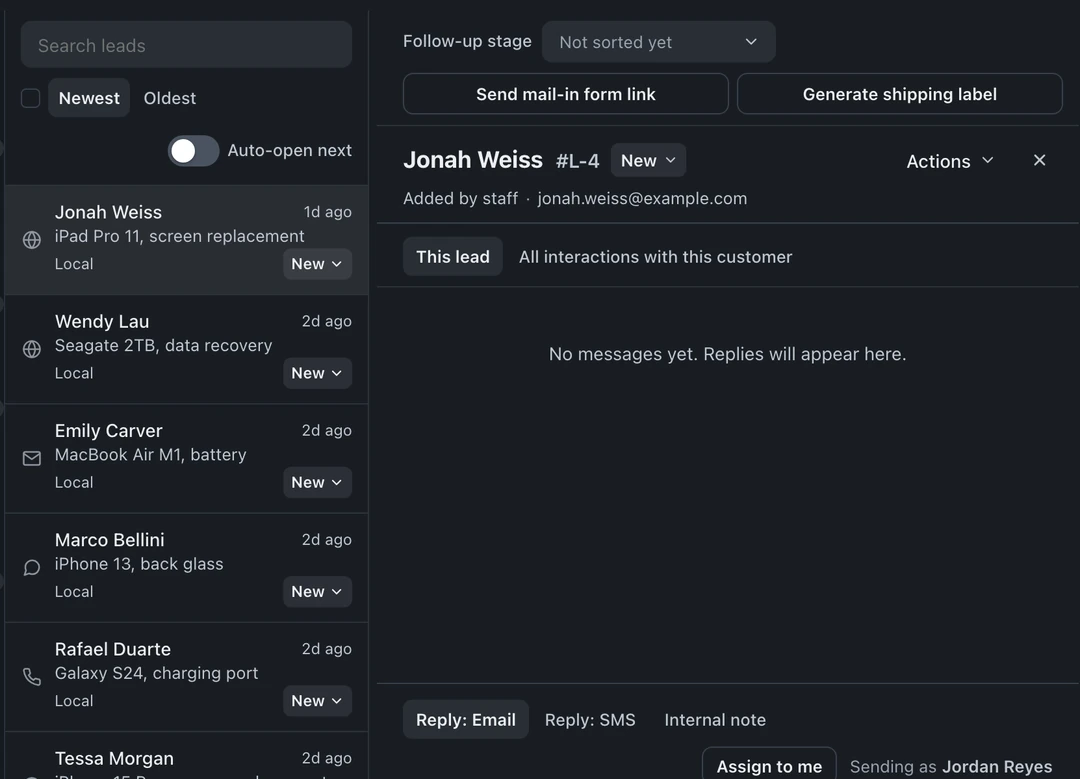 Lead list beside an open conversation with Follow-up stage, mail-in and shipping actions, and Reply: Email, Reply: SMS, and Internal note tabs