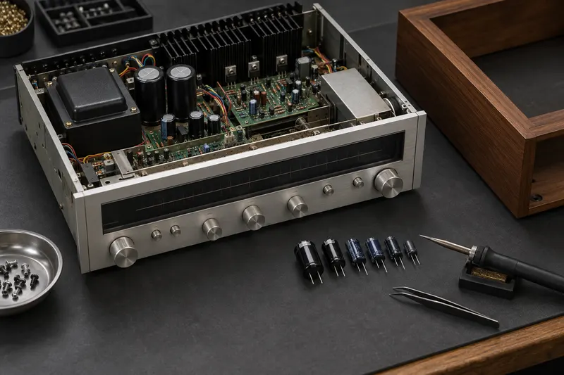 Stereo receiver with its cover removed beside capacitors and tools on a dark bench mat