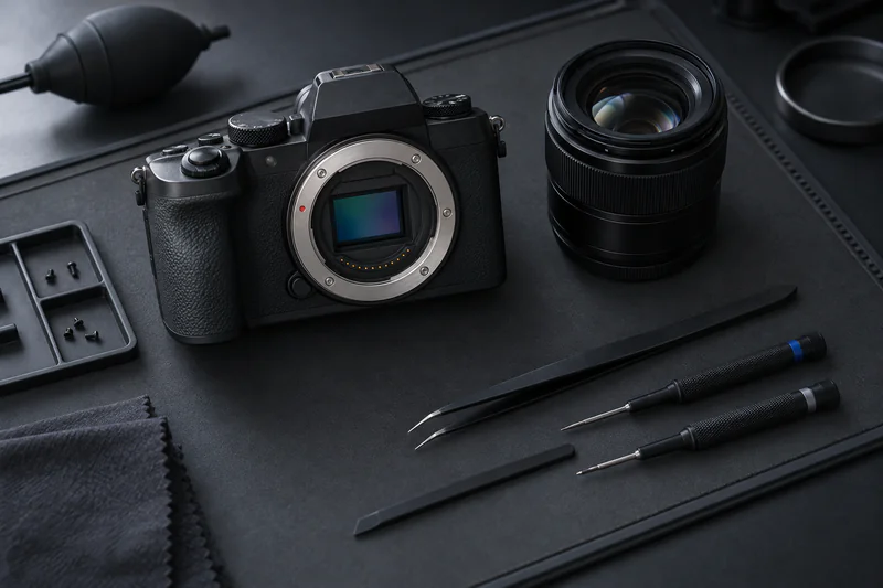 Mirrorless camera body and detached lens on a dark bench mat beside small tools