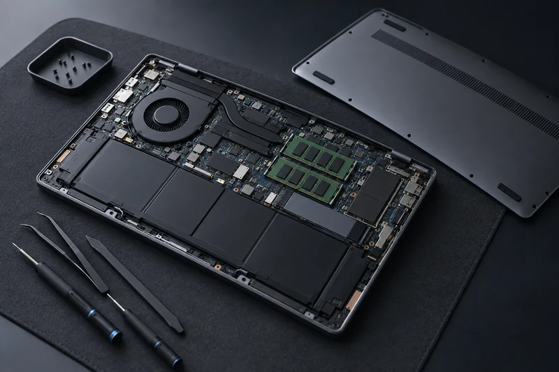 Laptop with its bottom cover removed on a dark bench mat beside screwdrivers