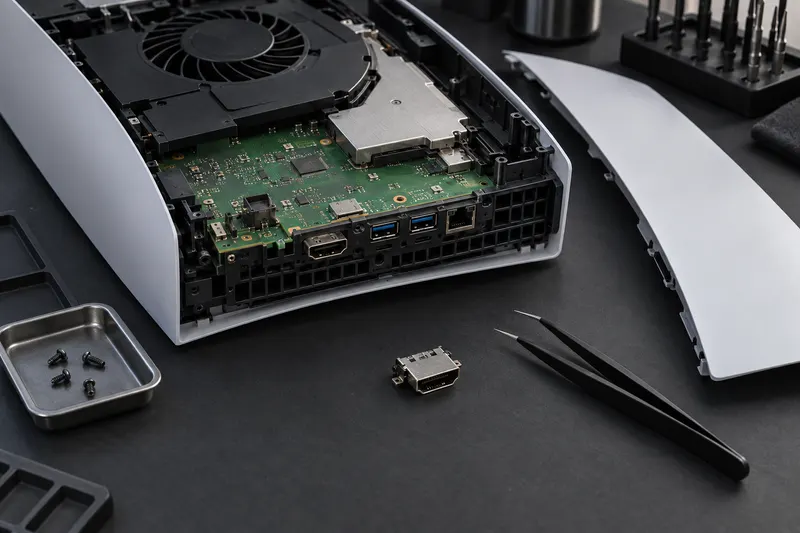 Opened game console beside its cover and a loose HDMI port on a dark bench mat