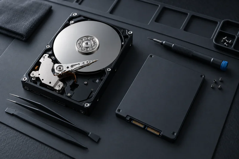 Hard drive with its cover removed beside a solid-state drive on a dark bench mat