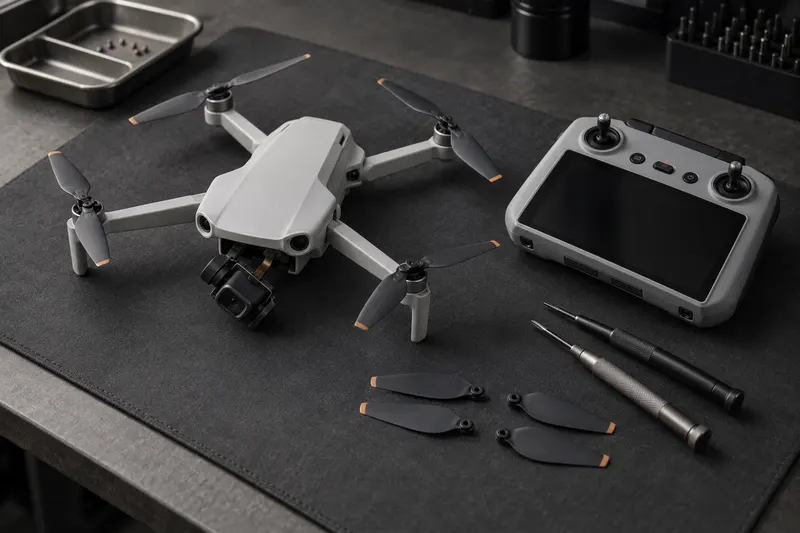 Folding drone with loose gimbal, controller and spare propellers on a dark bench mat